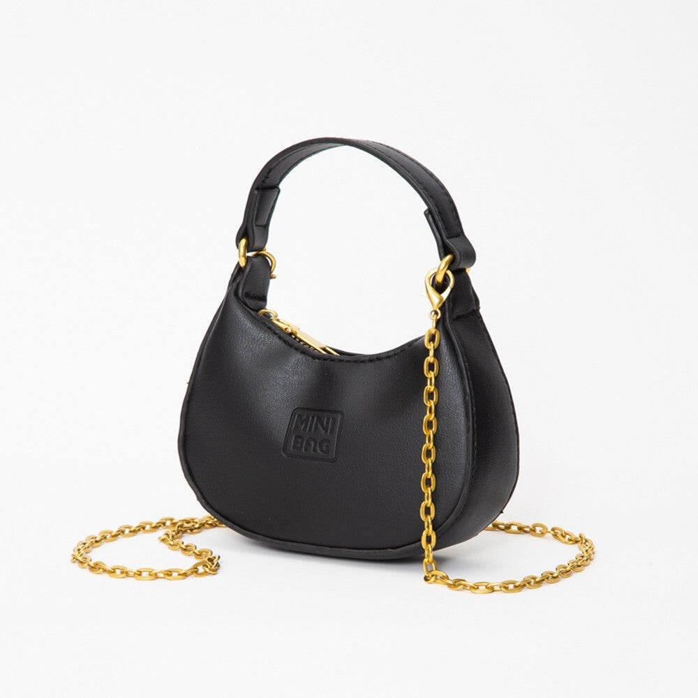 Black Faux Leather Mini Hobo Handbag with Gold Chain Crossbody Strap