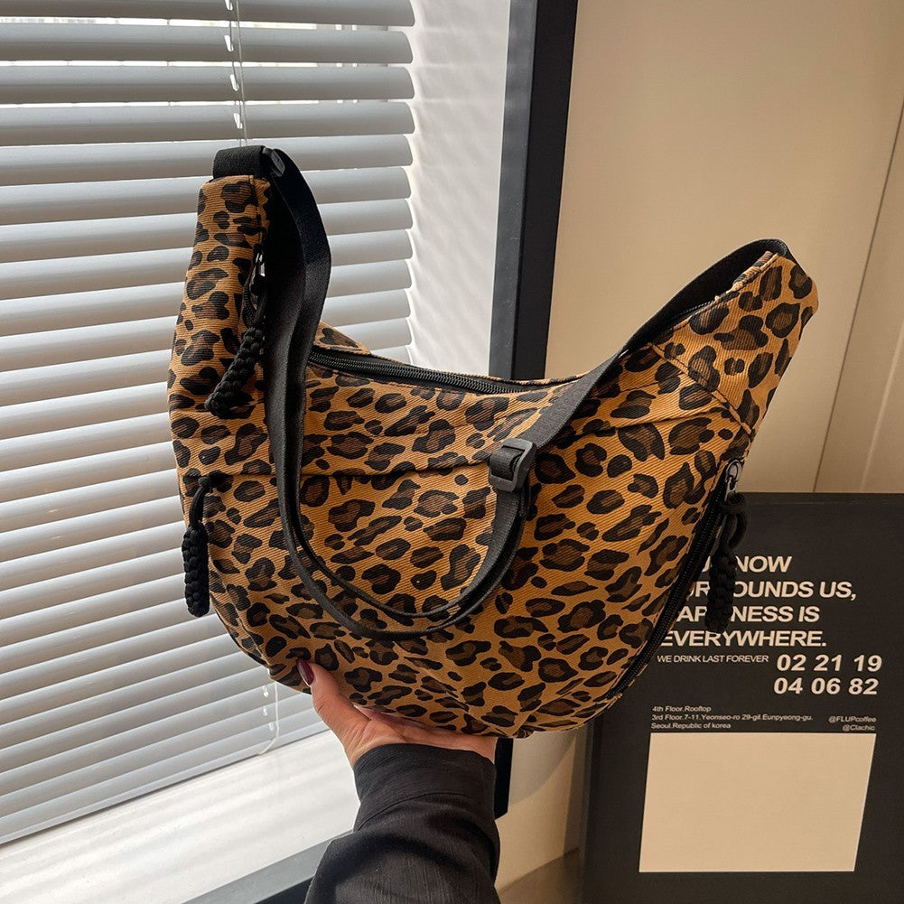 Classic Tan Leopard Print Hobo Bag Slouchy Crescent Crossbody Shoulder Purse