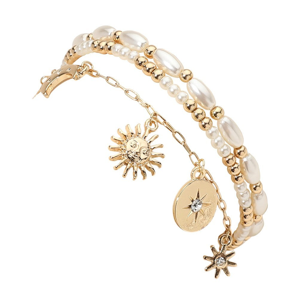 Gold Tone 3-Strand Pearl Beaded Bracelet Stretched with Sun Star Crescent Charm