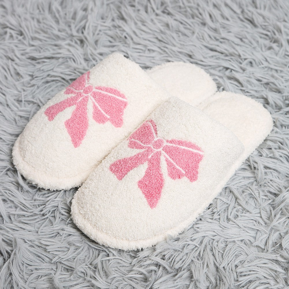 Cozy Pink Bow Fluffy Open Back Slipper Slip-On Women's S-M (US 6-8) Plush