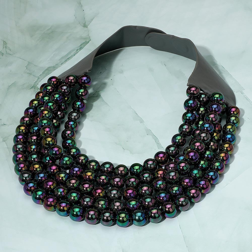 Multistrand Acrylic Beaded Statement Magnetic Necklace Iridescent Rainbow-Finish