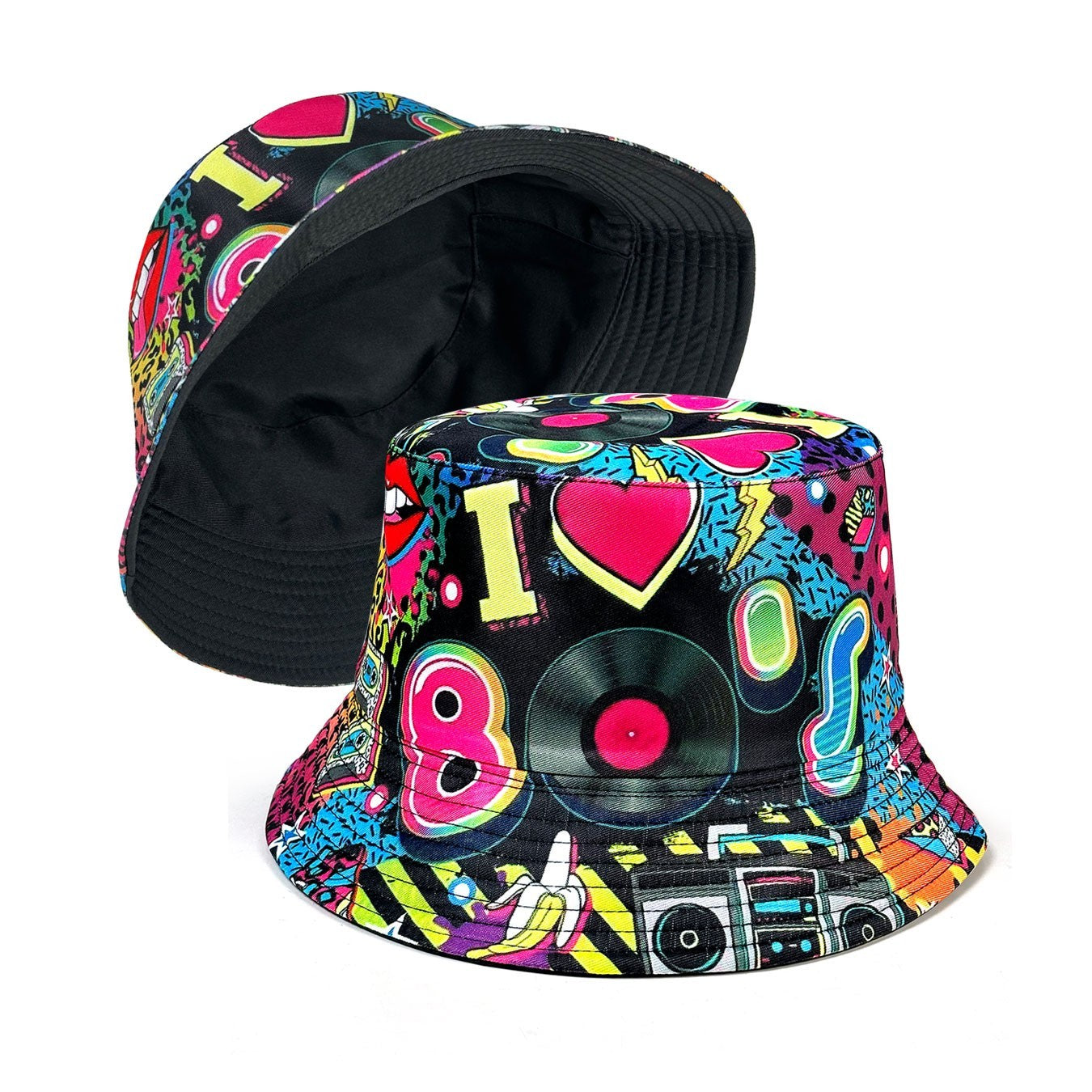 Retro 80s Reversible Bucket Hat Neon Pop Art Festival Sun Cap Black I Heart 80s