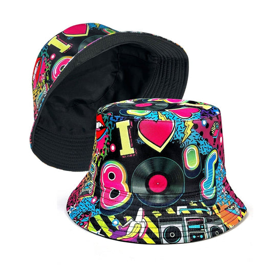 Retro 80s Reversible Bucket Hat Neon Pop Art Festival Sun Cap Black I Heart 80s