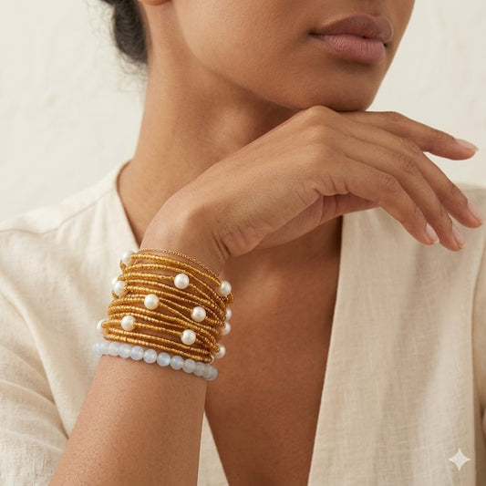 12pc Pearl Seed Bead Stretch Bracelet Set Multi Layer Stackable Boho Elegant Jew