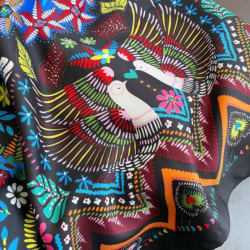 Boho Floral & Bird Print Square Scarf for Women – Multicolor Lightweight Fashion