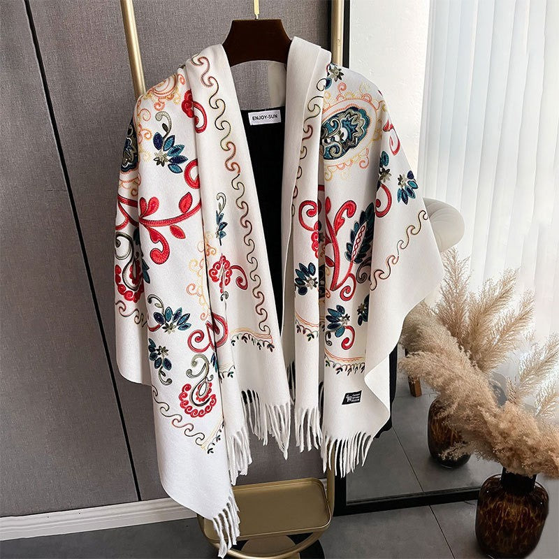 3pcs Embroidered Cashmere Pashmina Shawl Scarf Set Black Cream Red