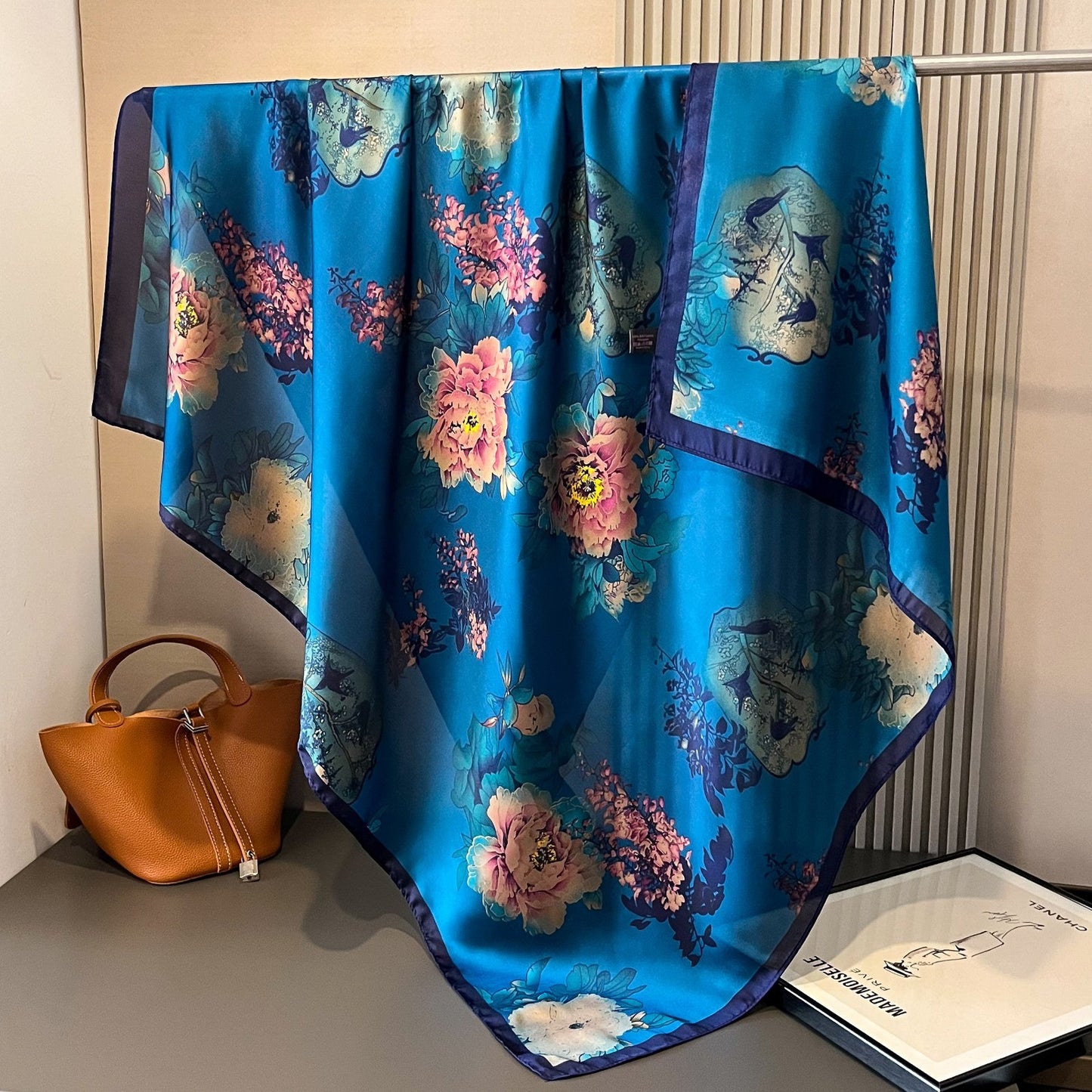 Large Teal Floral Scarf Peony Bird Print Silk Feel Square Wrap Shawl 43" x 43"