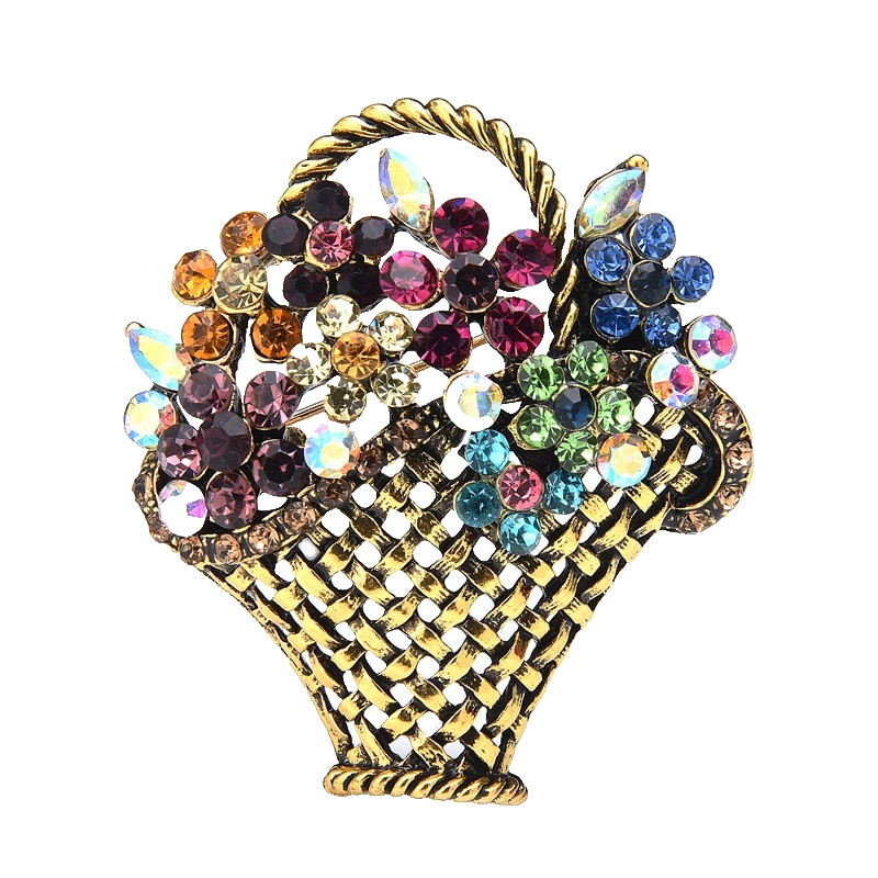 2pcs Multi Color Rhinestone Flower Basket Brooch Pin Vintage Gold Tone Gift