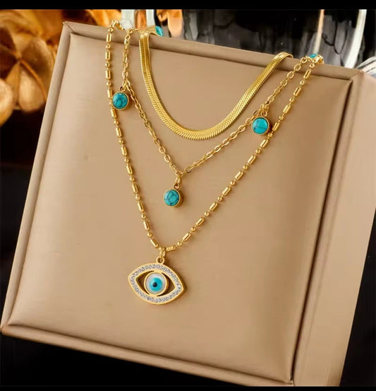 Evil Eye Layered Necklace Set Gold Plated Turquoise Snake Chain Pendant