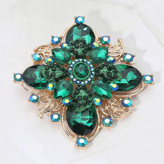 Emerald Green Crystal Victorian Starburst Brooch Gold Tone Large Statement Pin