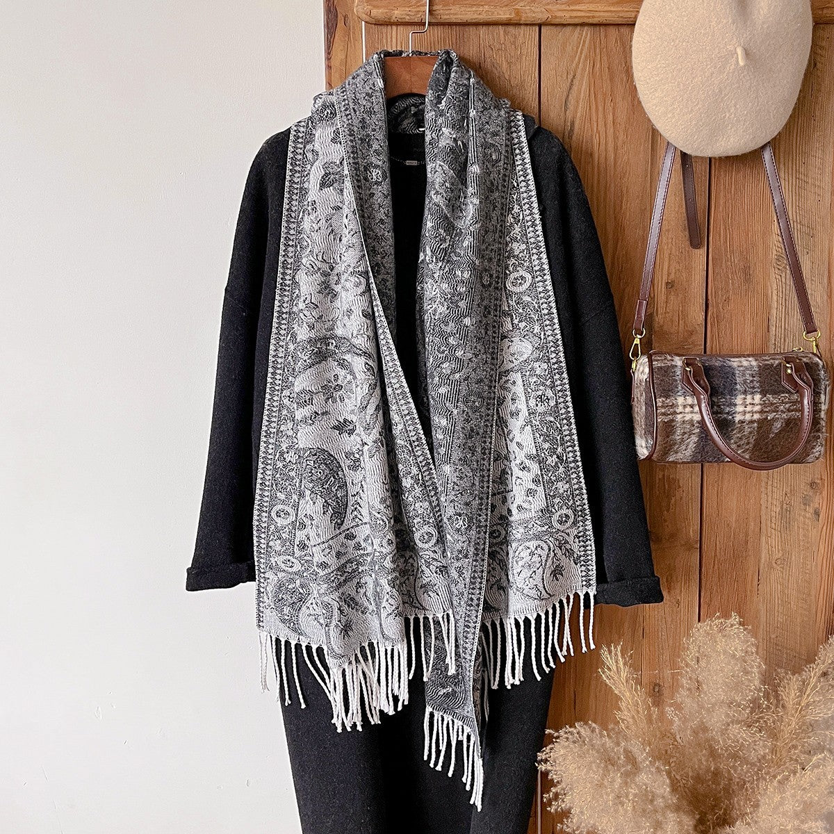 Oversized Black Gray Paisley Shawl Wrap Scarf Reversible Fringed Winter
