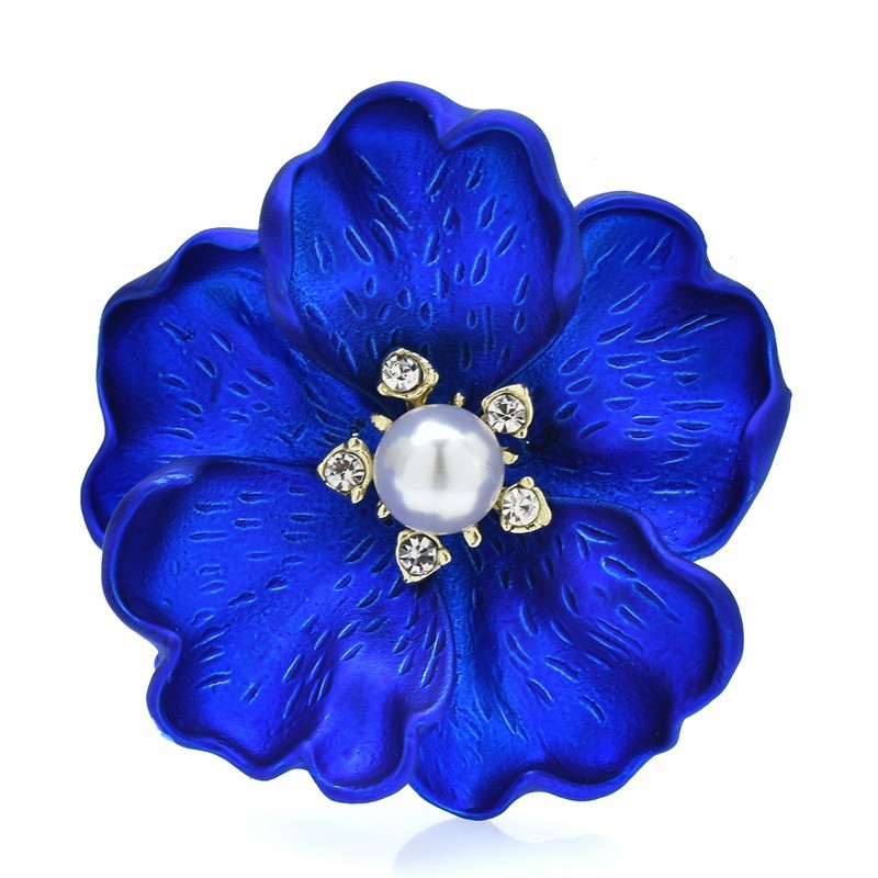 2 Piece Matte Enamel Peony Flower Brooch Set Blue and Red Pearl Crystal Pins