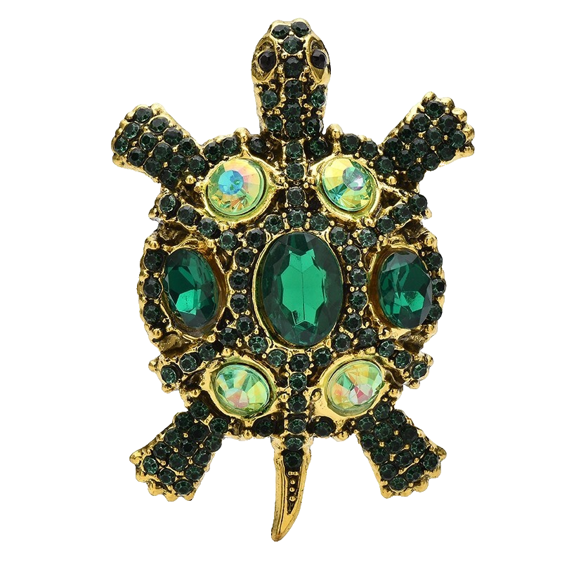 Emerald Green Crystal Turtle Brooch Pin Gold Tone Vintage Style Statement