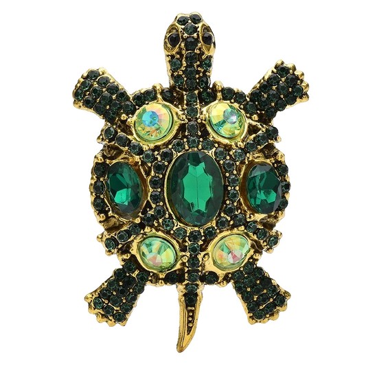 Emerald Green Crystal Turtle Brooch Pin Gold Tone Vintage Style Statement