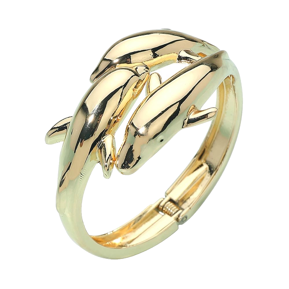 Gold Triple Dolphin Bypass Hinged Bangle Bracelet - Nautical Tropical Jewelry