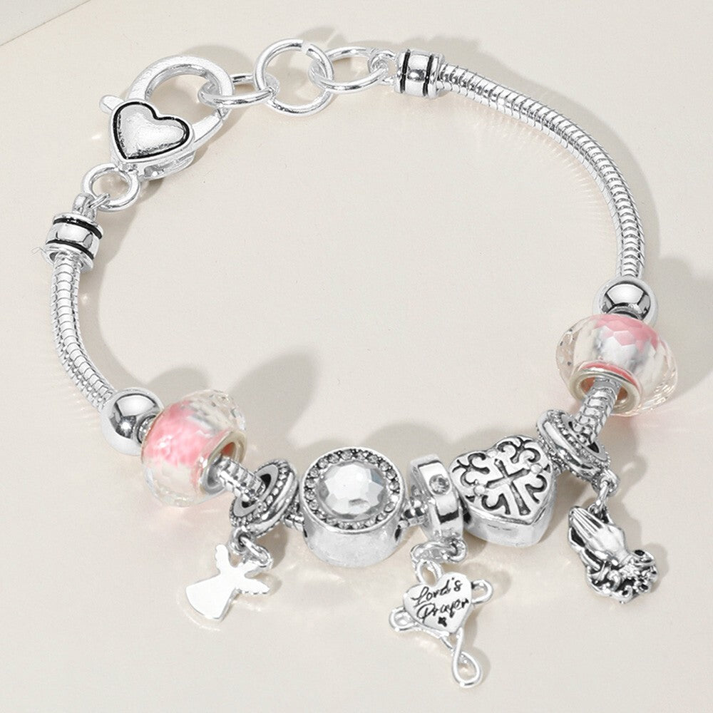 Lord's Prayer Angel Heart Charm Beaded Stretch Bracelet for Women Faith Gift
