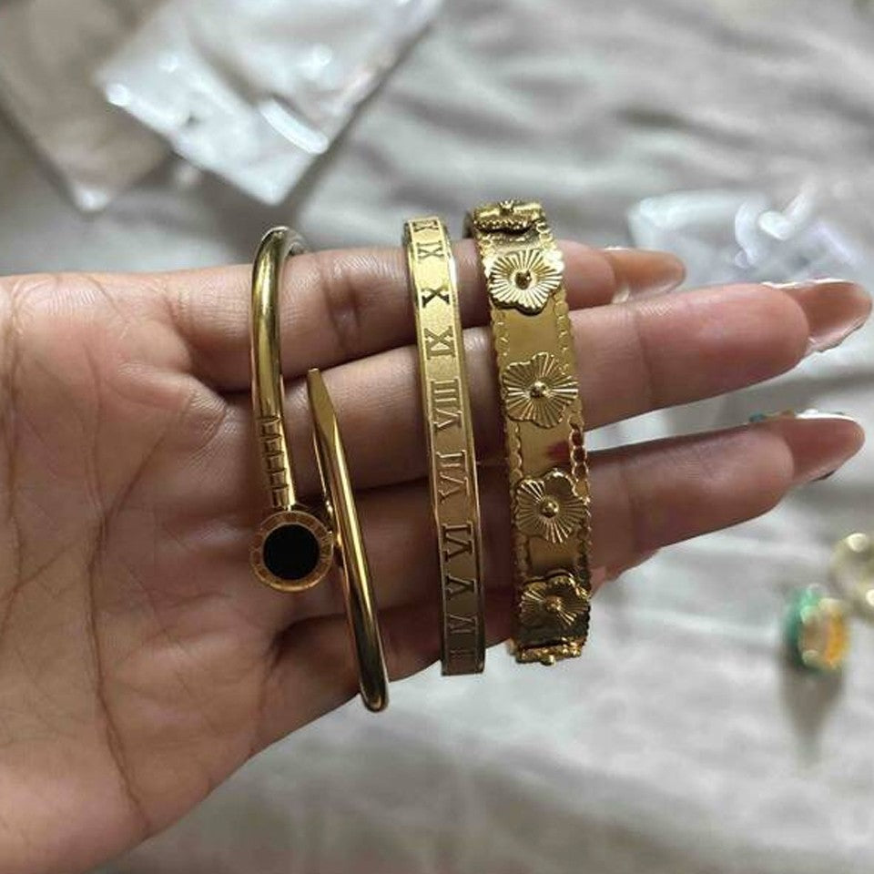 Stackable 3-Piece Gold Bangle Set for Women - Roman Numeral & Floral Designs