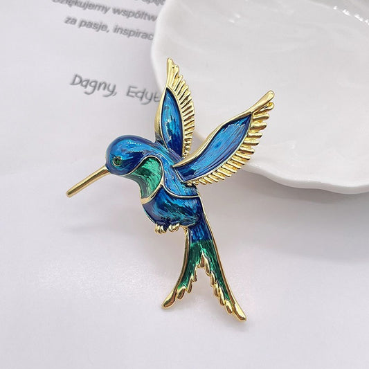 Elegant Enamel Hummingbird Brooch Gold Tone Blue Green Animal Bird Pin Gift