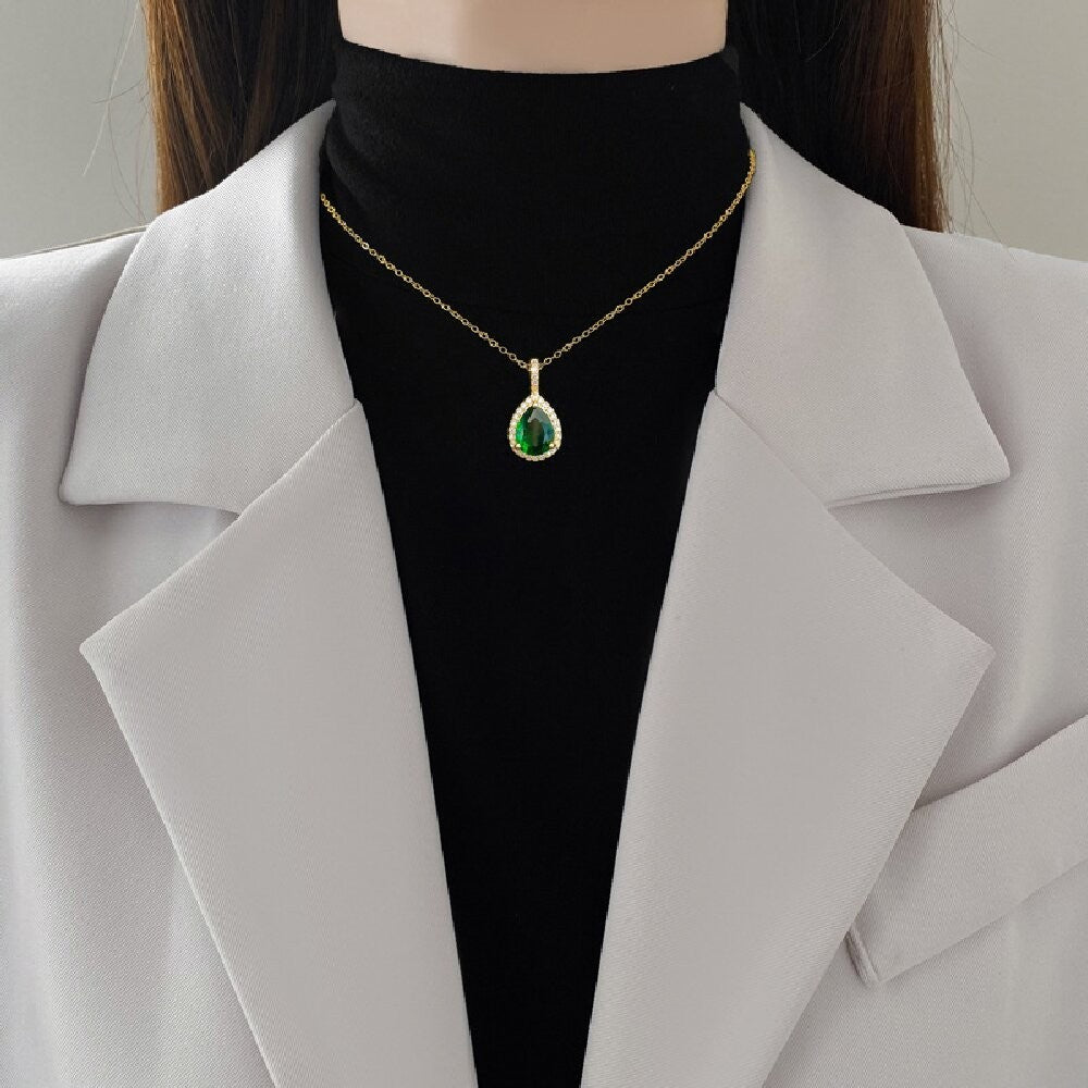 Gold Plated Stainless Steel Green Teardrop Zircon Necklace Earring Set for Women
