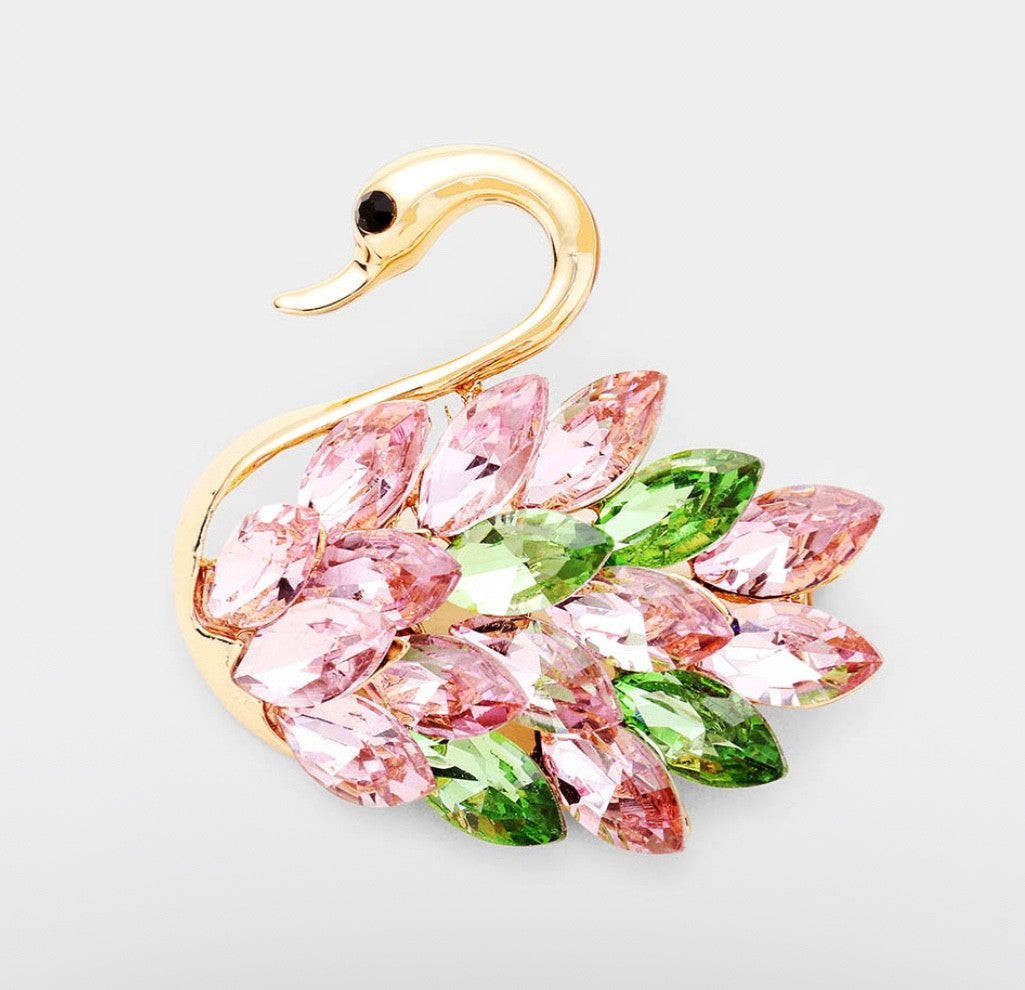 2pc Gold Pink Green Crystal Swan Brooch Set - Elegant Animal Bird Jewelry Gift