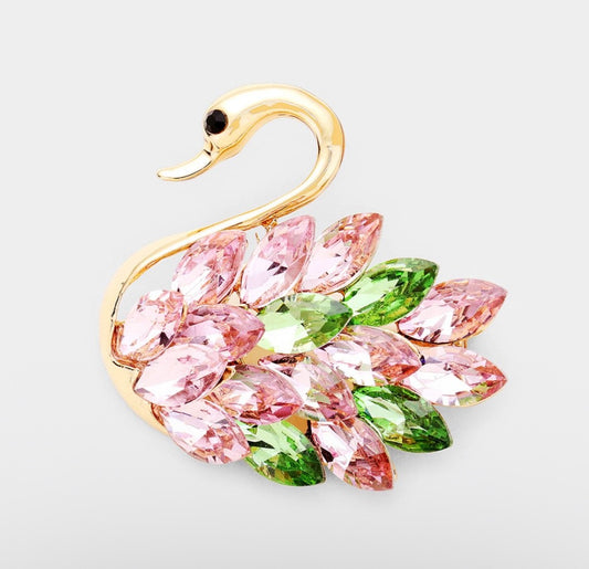 2pc Gold Pink Green Crystal Swan Brooch Set - Elegant Animal Bird Jewelry Gift