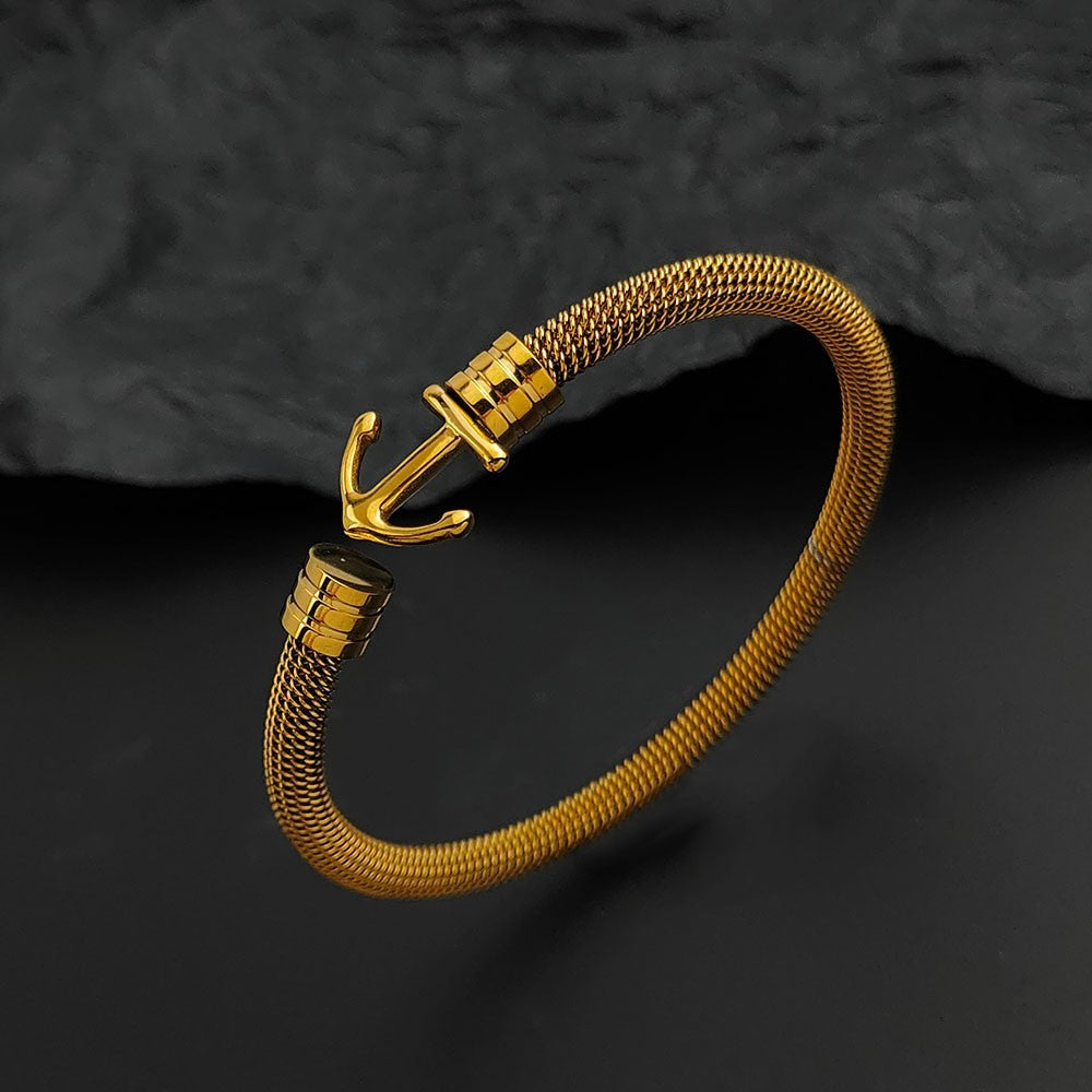 Gold Stainless Steel Anchor Cuff Bracelet for Men Women - Nautical Jewelry Gift