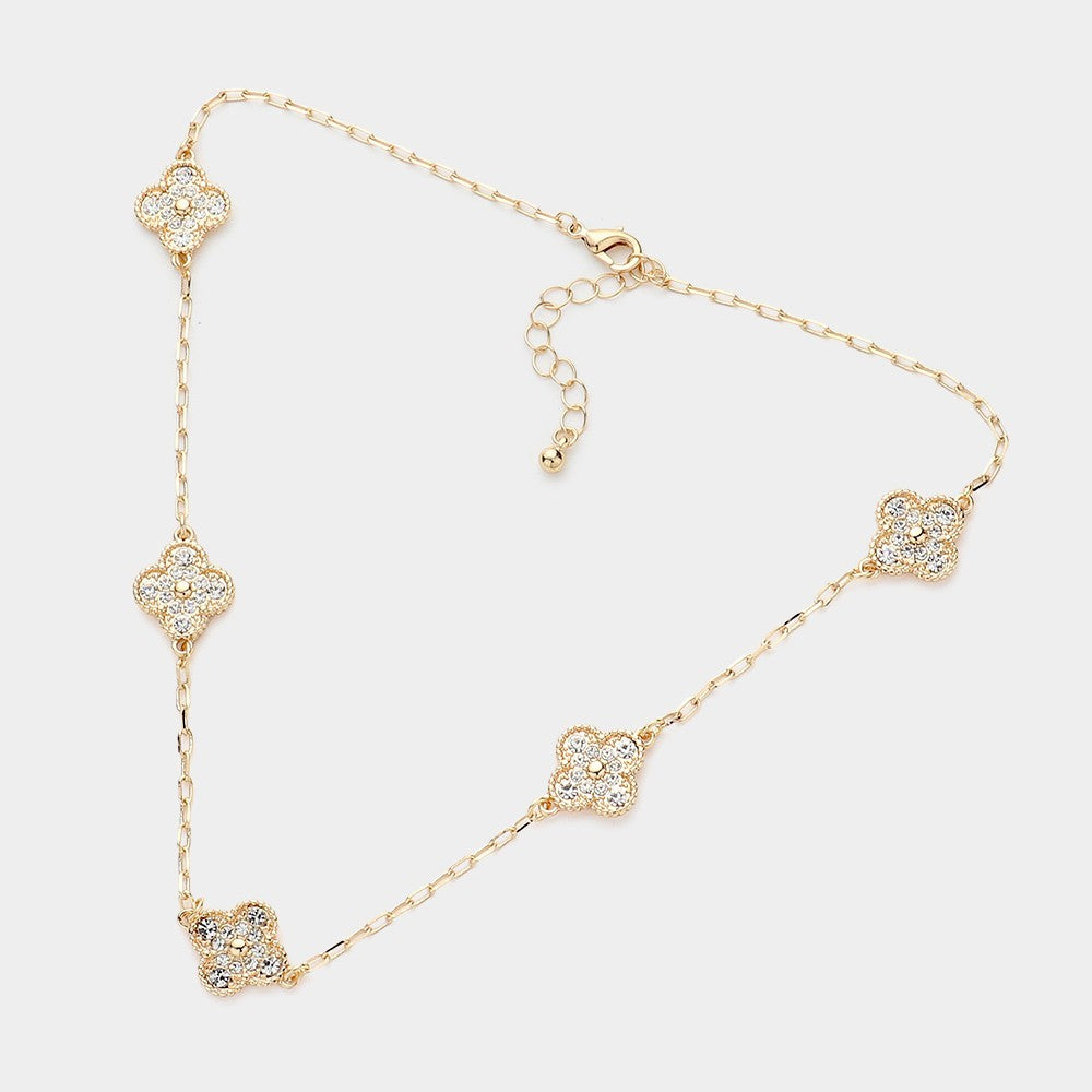 Gold Quatrefoil Station Necklace Stone Paved Clover Pendant Dainty Jewelry