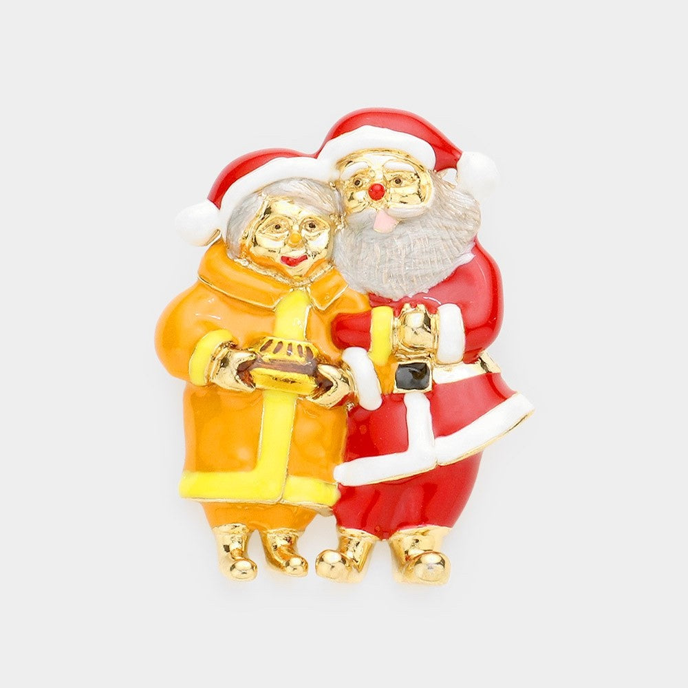 Enamel Santa and Mrs. Claus Christmas Holiday Brooch Gold Tone Festive Pin