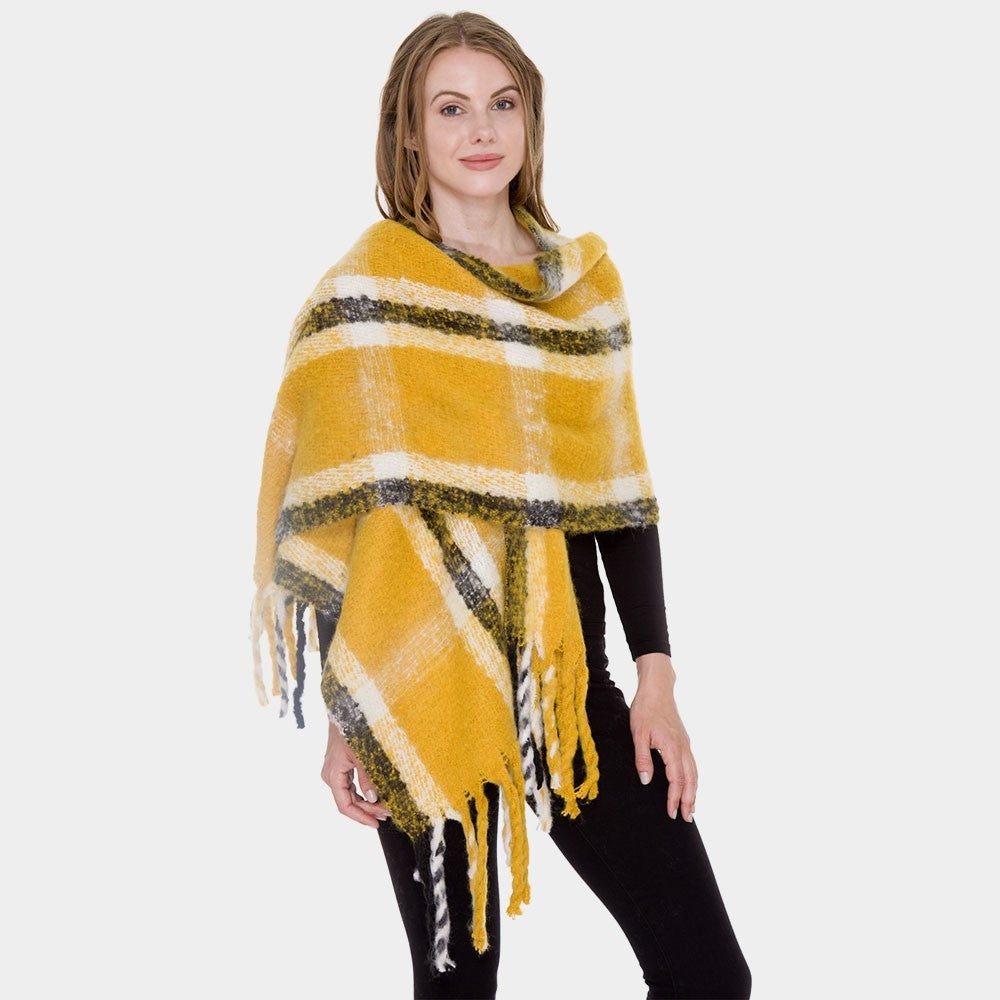 Super Soft Plaid Check Patterned Tassel Fringed Oblong Scarf for Women Yellow