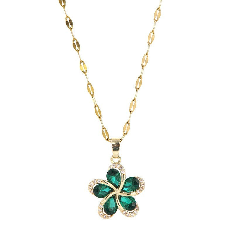 Gold Plated Floral Necklace with Green Crystal Stone and White Rhinestones