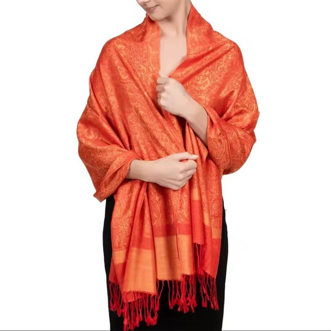 Orange Pashmina Shawl Scarf Paisley Jacquard Wrap Evening Stole With Tassels