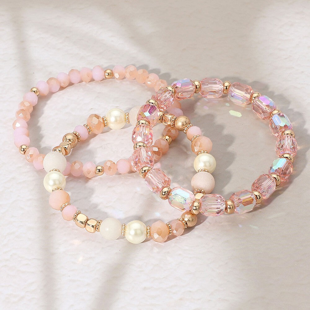 3PC Pearl Natural Stone Beaded Stretch Bracelets Set Multi Layer Stack Women