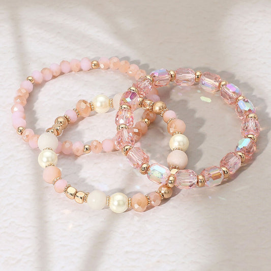 3PC Pearl Natural Stone Beaded Stretch Bracelets Set Multi Layer Stack Women
