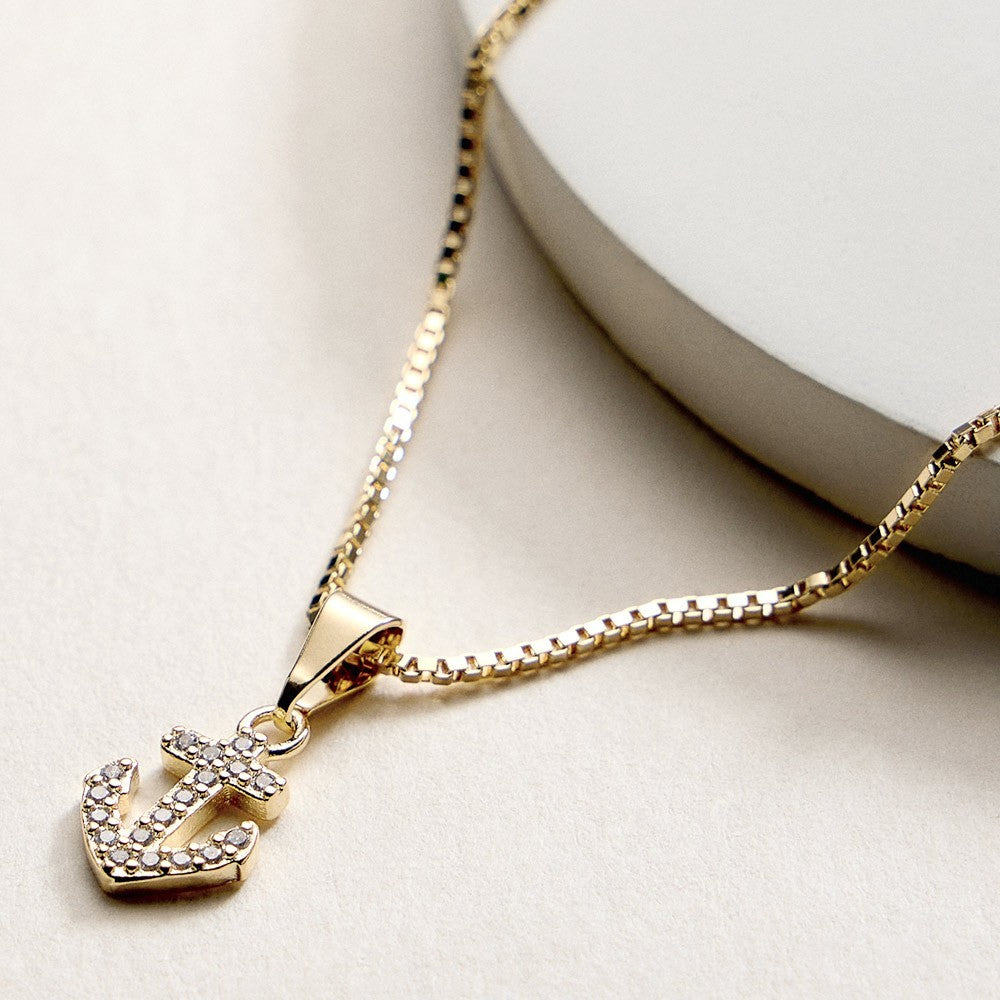 18K Gold Filled CZ Stone Paved Anchor Pendant Nautical Necklace with Box Chain
