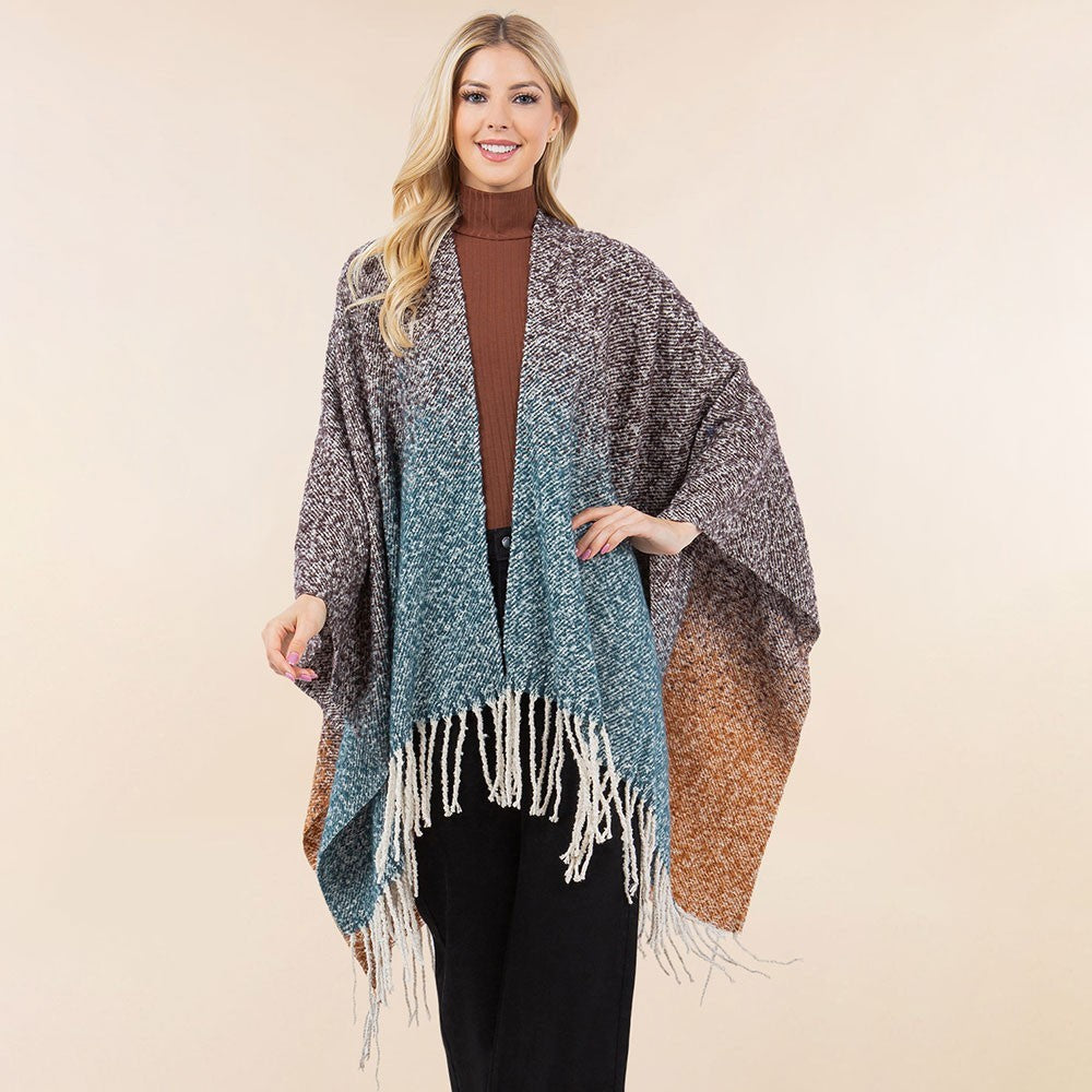 Ombre Knit Ruana Poncho for Women Open Front Fringe Shawl Wrap Cape