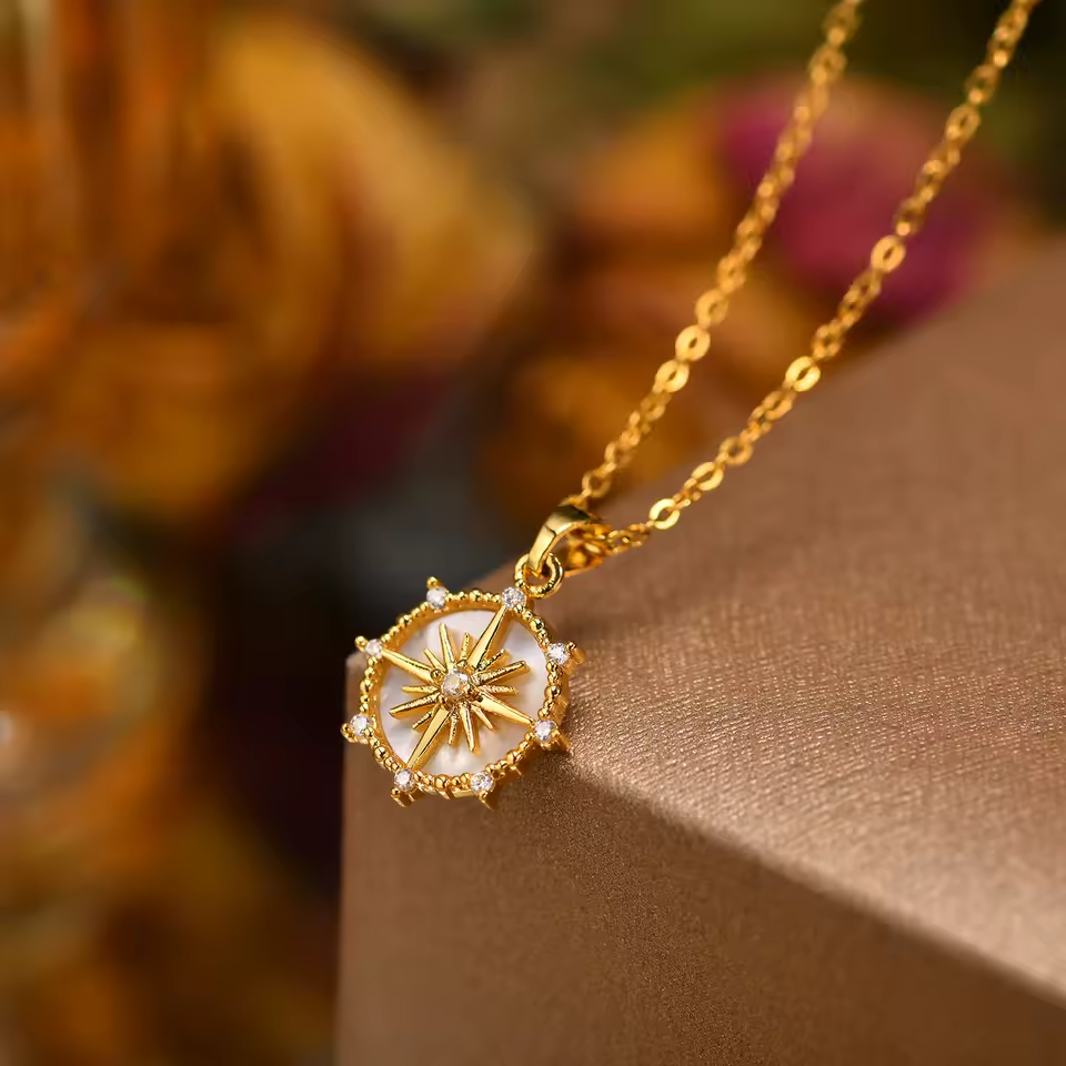 North Star Compass Pendant Necklace Gold Tone Cubic Zirconia Shell Inlay