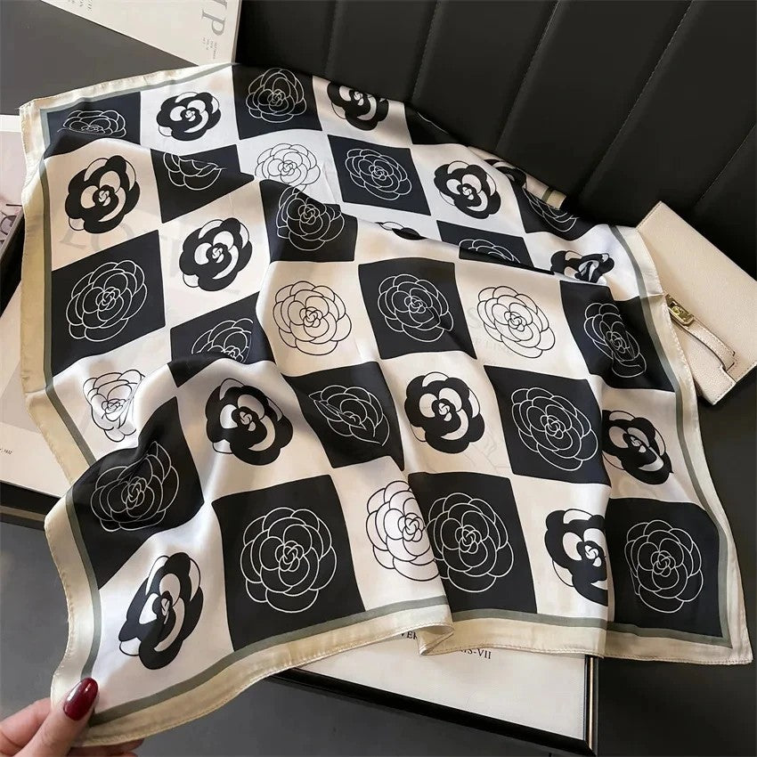 Luxury B&W Rose Print Square Scarf Satin Silk Feeling Elegant Hair Bag Accessory