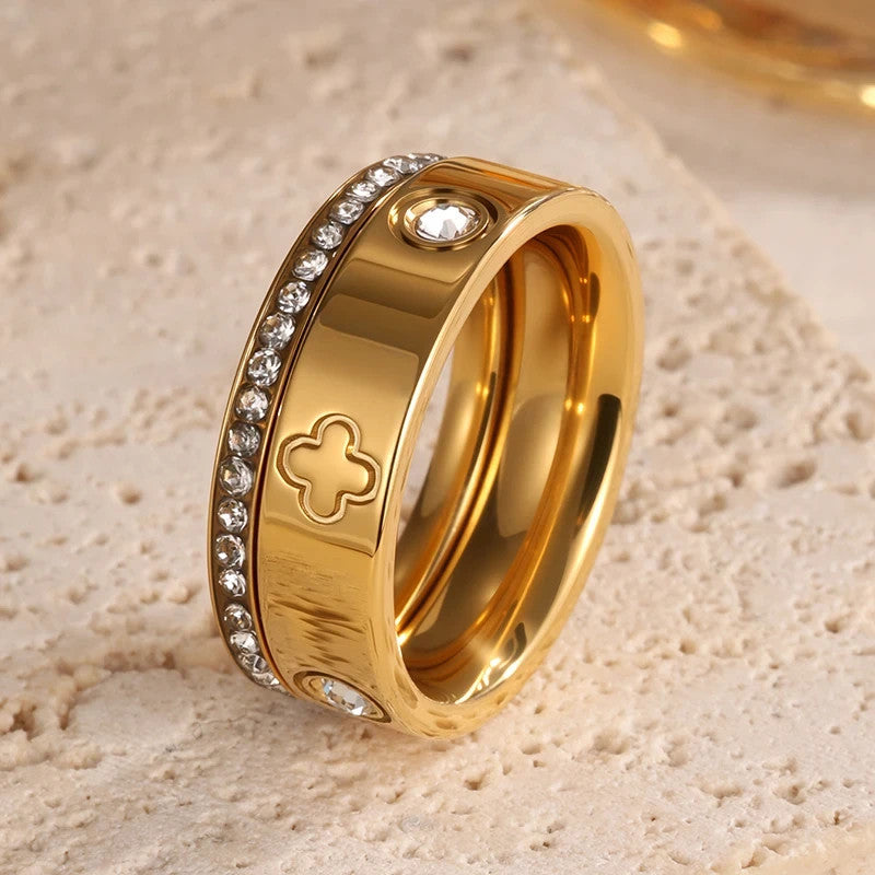 French Clover 18K Gold Plated Zircon Ring Set for Women Waterproof Jewelry Size8