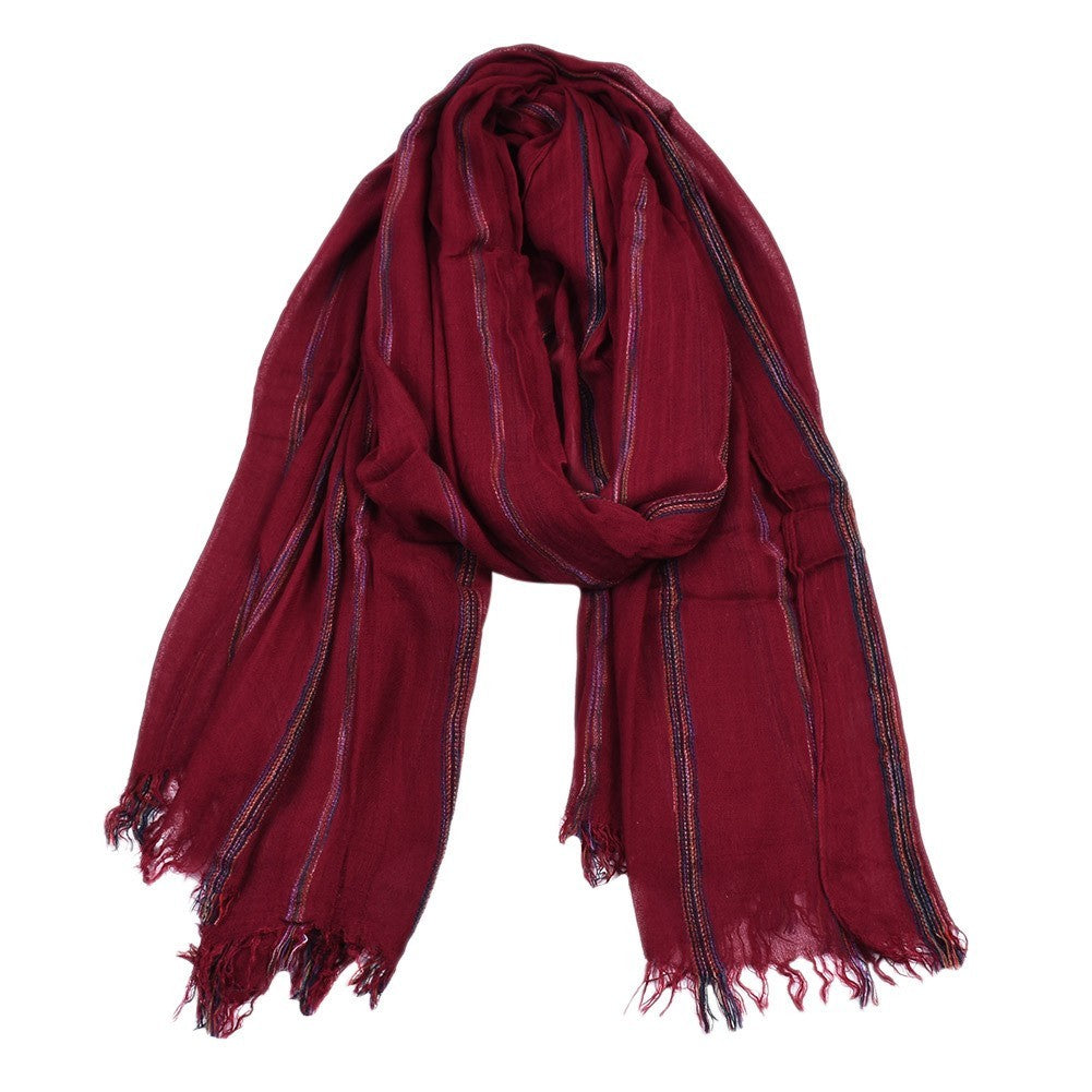 Burgundy Striped Scarf Cotton Linen Blend Large Shawl Wrap 75 x 37 Inches