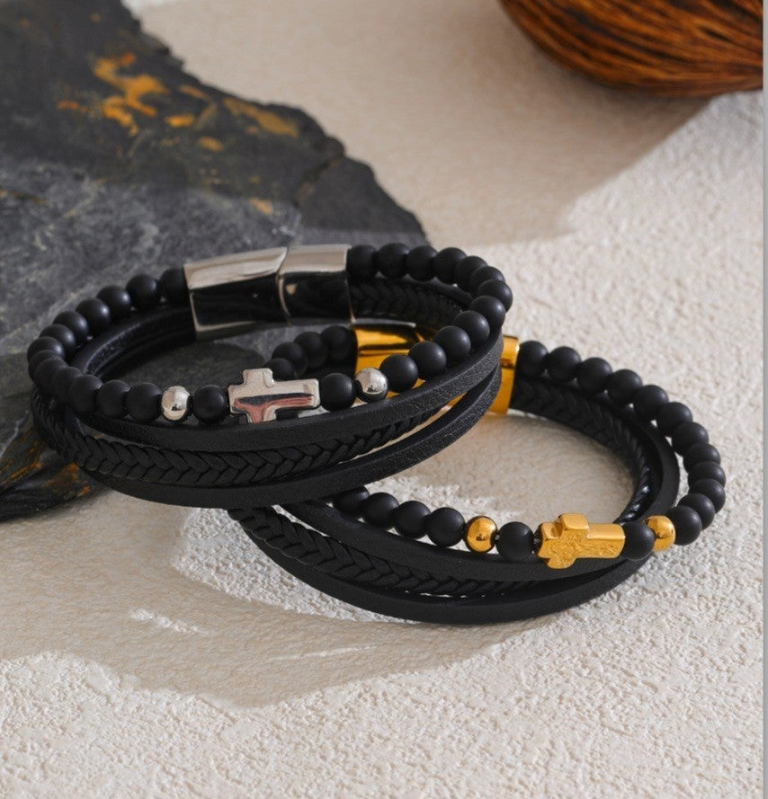 2PCS Black Leather Beaded Cross Bracelet Set Gold Silver Tone Stainless Steel