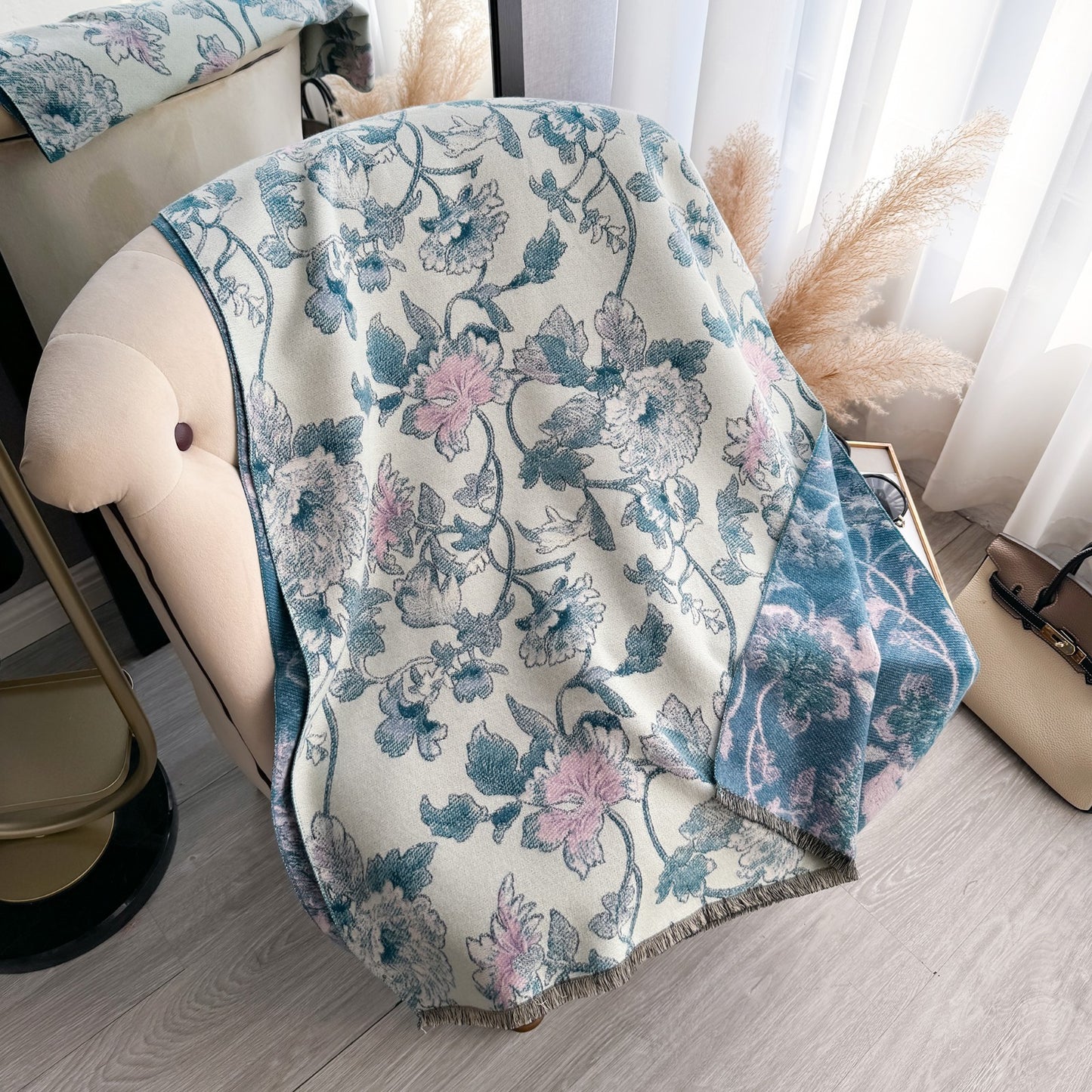 Reversible Floral Butterfly Shawl Scarf Wrap Jacquard Knit Wool Blend Scarves