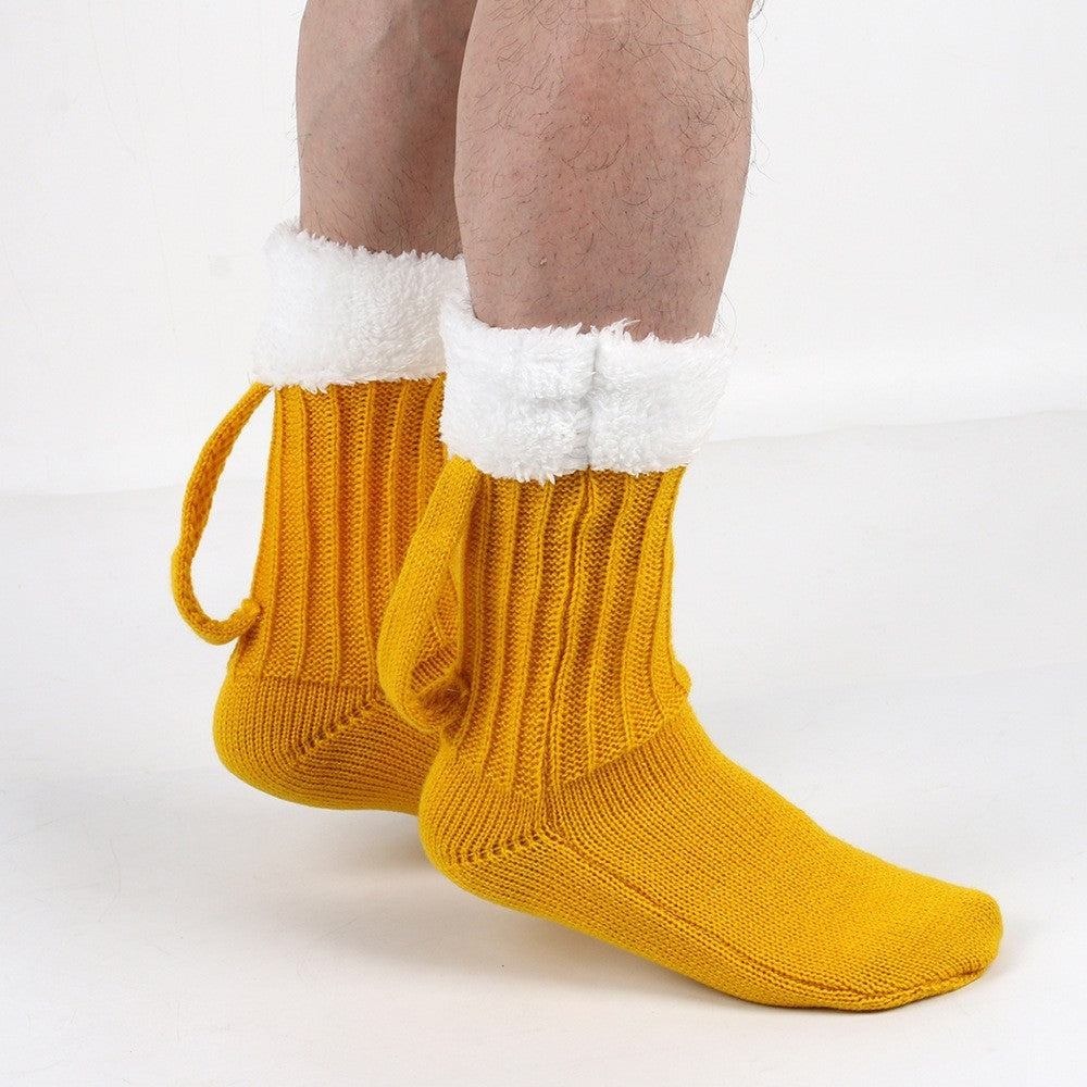 Novelty Beer Mug Socks Cozy Knitted Fleece Slipper House Shoes Funny Gift
