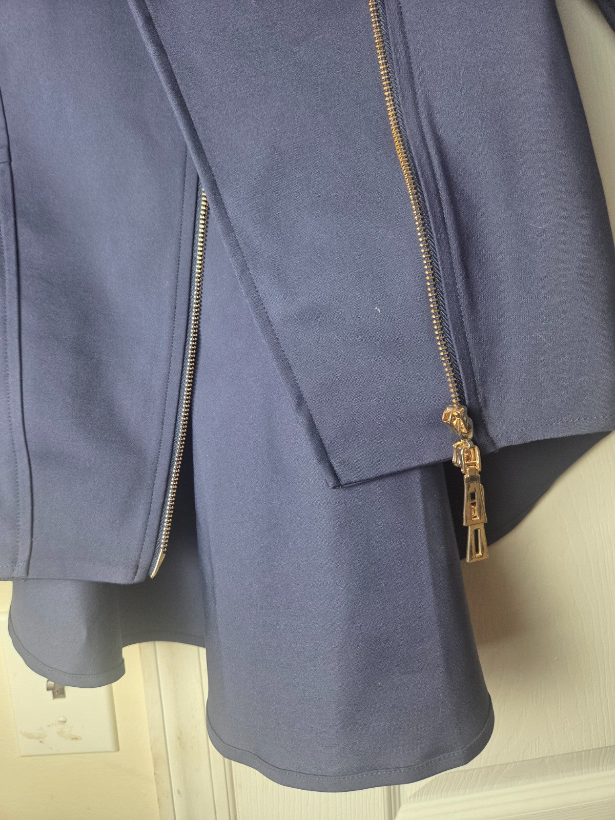 Navy Blue Asymmetrical Peplum Blazer Jacket Gold Zippers Buttons Women's Size 10