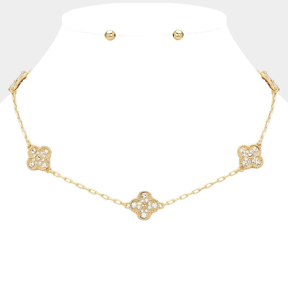 Gold Quatrefoil Station Necklace Stone Paved Clover Pendant Dainty Jewelry