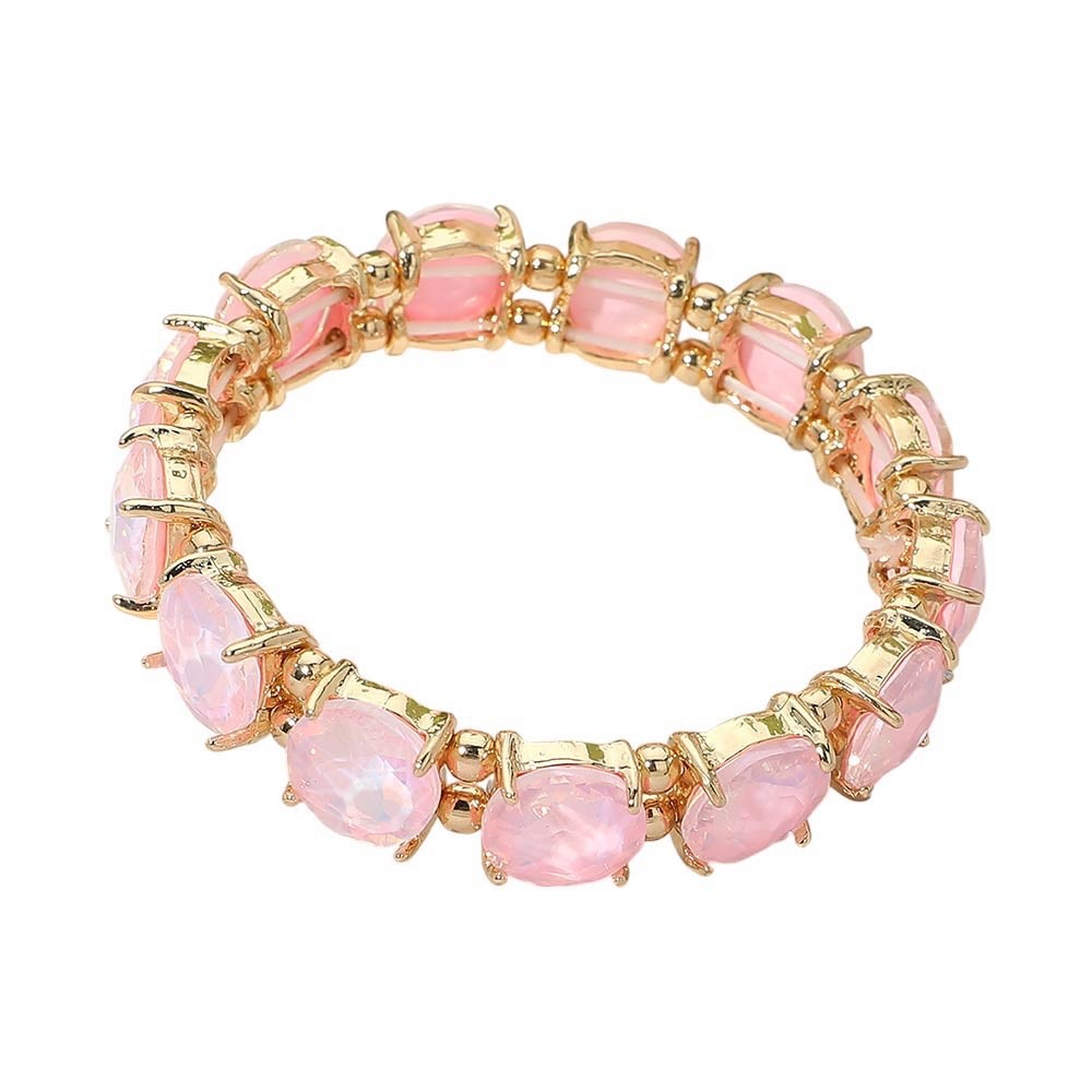 Pink Opal Iridescent Crystal Stretch Bracelet - Gold Tone Oval Stone Jewelry