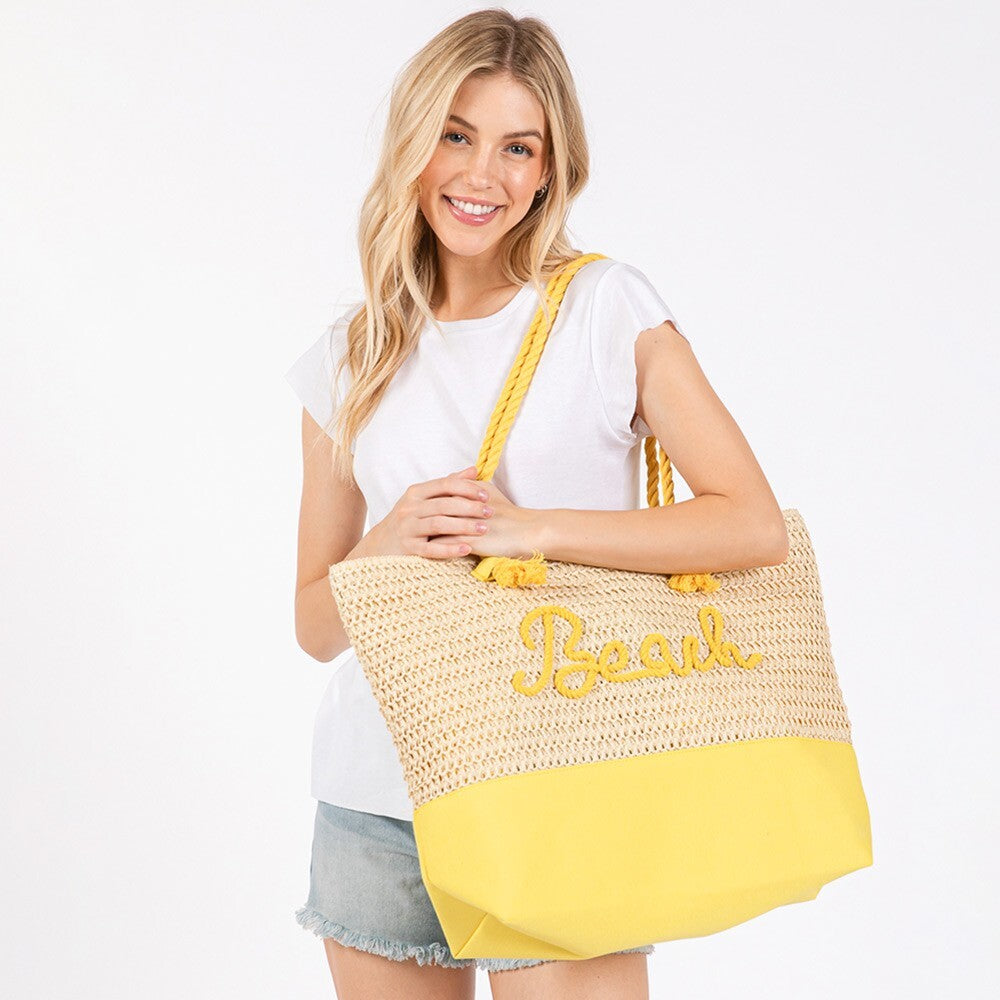 BEACH Embroidered Crochet Tote Bag with Rope Handles Summer Beach Bag Purse