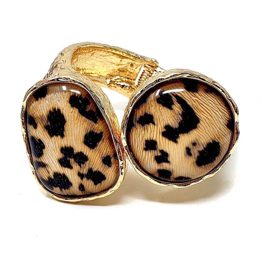 Gold Tone Leopard Pattern Double Stone Hinged Statement Bracelet