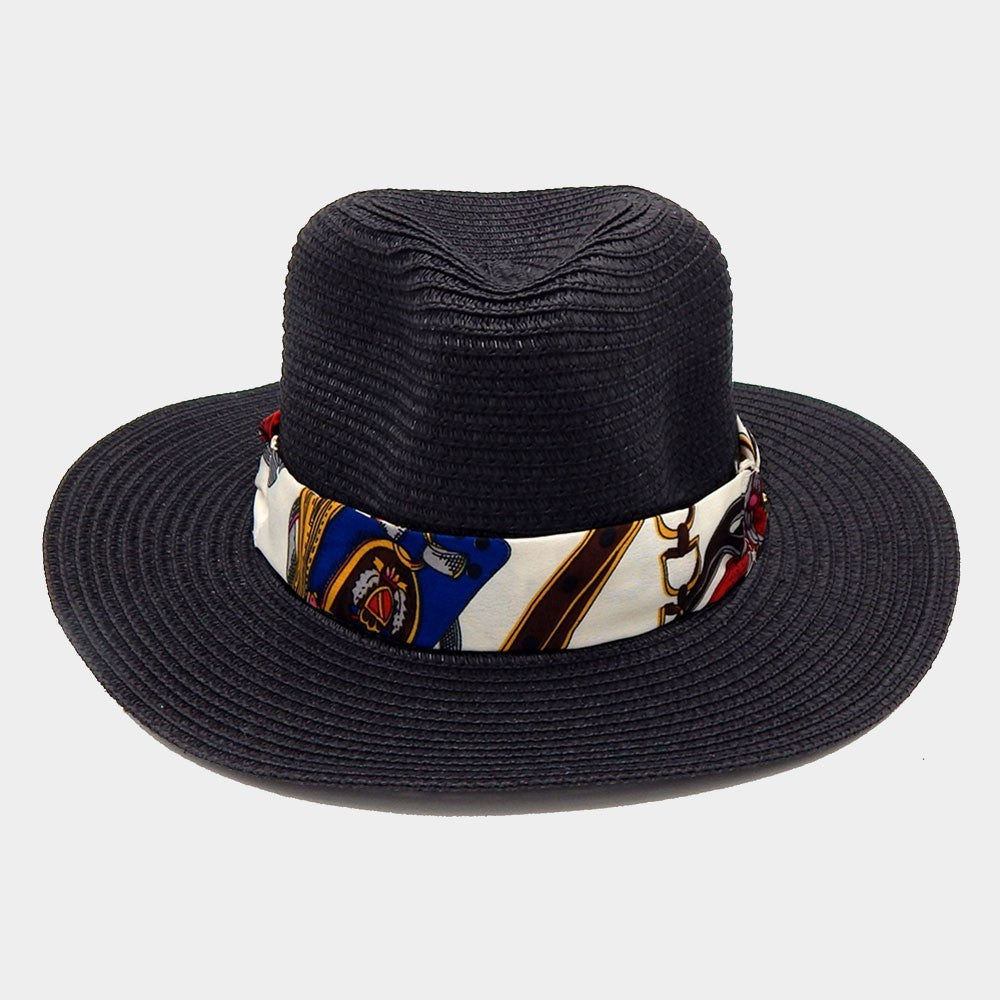 Black Straw Fedora Hat with Chain Print Silk-Like Fabric Band – Wide Brim