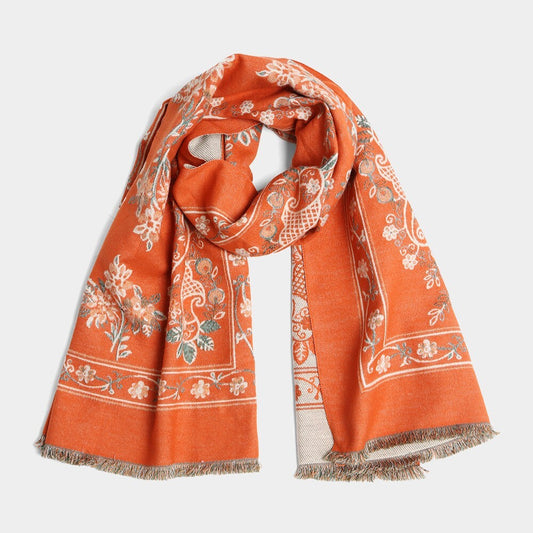 Vintage Orange Paisley Floral Print Oblong Scarf for Women Lightweight Wrap