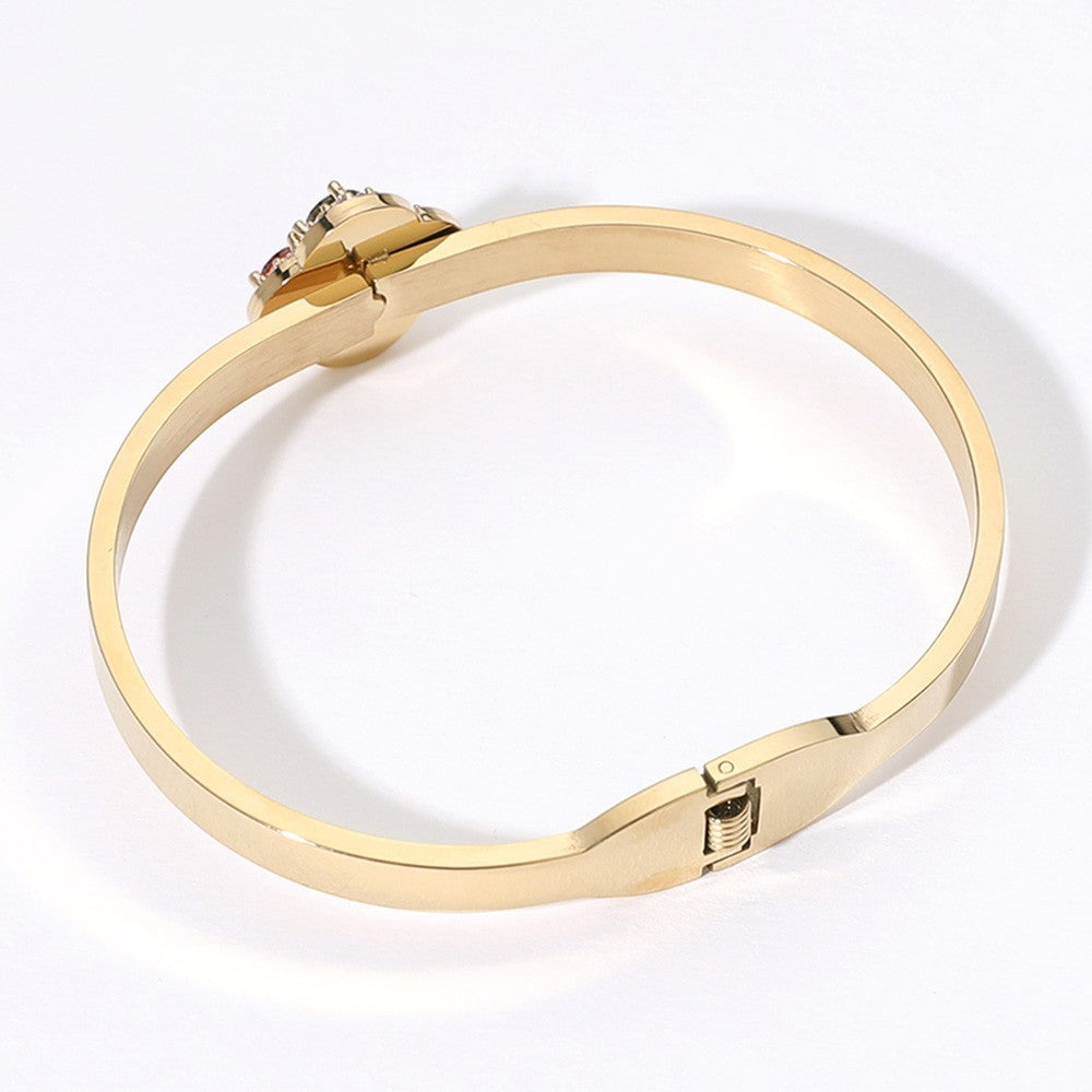 Gold Tone Stainless Steel CZ Stone Quatrefoil Hinged Bangle Bracelet for Women